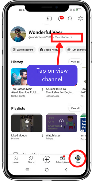 tap on view channel insta profile page mobile